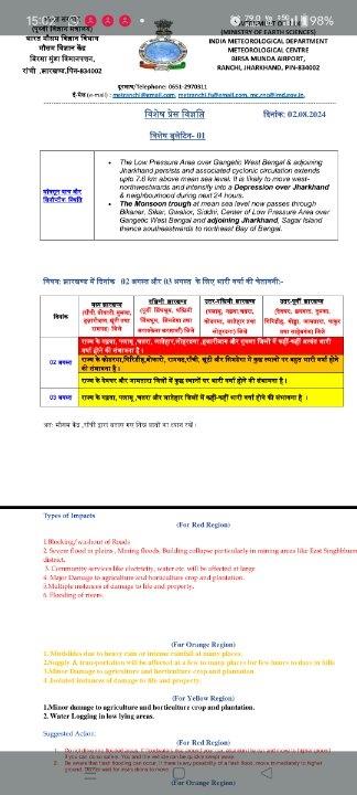 मौसम विभाग ने जारी किया अलर्ट 
2 अगस्त और 3 अगस्त को हजारीबाग और रामगढ़ शाहिद झारखंड के कई इलाकों में होगी मूसलाधार बारिश 
Hazaribag Today news