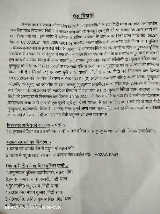 हज़ारीबाग पुलिस क़ो 2 बड़ी सफलता 
1. विसुनगढ़ हत्या काण्ड सुलझ 2. गिद्दी मे स्कूल निर्माण मे 5 लाख लेवी मांगने वाले क़ो मोबाइल नंबर समेत दबोचा 
हत्या का बदला: विष्णुगढ़ में सरफुद्दीन अंसारी की निर्मम हत्या, मुख्य आरोपी गिरफ्तार
विष्णुगढ़, हजारीबाग: हजारीबाग जिले के विष्णुगढ़ थाना क्षेत्र के ग्राम गाल्होबार में 3 अगस्त 2024 को एक दिल दहला देने वाली घटना सामने आई, जिसमें सरफुद्दीन अंसारी (पुत्र अब्दुल गफ्फुर अंसारी) की गोली मारकर और गला रेतकर हत्या कर दी गई। यह हत्या गांव के आंगनबाड़ी केंद्र के पास कुछ अपराधकर्मियों द्वारा योजनाबद्ध तरीके से की गई थी। इस जघन्य घटना ने पूरे क्षेत्र में सनसनी फैला दी और पुलिस को मामले की त्वरित जांच के लिए मजबूर कर दिया।
हत्या का कारण और प्रकरण की जानकारी
मृतक सरफुद्दीन अंसारी की पत्नी ने इस हत्या के संबंध में विष्णुगढ़ थाना में शिकायत दर्ज कराई। दर्ज प्राथमिकी (कांड संख्या-133/24, दिनांक 04.08.2024) में 6 नामजद अभियुक्तों के खिलाफ आरोप लगाए गए हैं। इन अभियुक्तों में तोहद अंसारी, तौफिक अंसारी, औफिक अंसारी, इमरान शाह, अलीमुद्दीन शाह, और सुभान अंसारी का नाम शामिल है। प्राथमिकी में धारा 103 (1)/3 (5) भा०न्या०सं० एवं 25 (1-B) a/27 आर्म्स एक्ट के तहत मामला दर्ज किया गया है।
अनुमण्डल पुलिस पदाधिकारी, विष्णुगढ़ के नेतृत्व में इस कांड की त्वरित जांच की गई। पुलिस ने घटनास्थल से अपराध में प्रयुक्त अग्नेयास्त्र को भी बरामद कर लिया। मामले की गंभीरता को देखते हुए अभियुक्तों की गिरफ्तारी के लिए सघन छापेमारी अभियान चलाया गया।
मुख्य आरोपी तोहिद अंसारी की गिरफ्तारी और खुलासा
पुलिस ने इस मामले में बड़ी सफलता हासिल करते हुए 10 अगस्त 2024 को कांड के मुख्य आरोपी तोहिद अंसारी (उम्र 27 वर्ष) को गिरफ्तार कर लिया। तोहिद, जो कि स्वर्गीय सनुल अंसारी का पुत्र है, ने पुलिस के सामने अपने अपराध को स्वीकार करते हुए चौंकाने वाले खुलासे किए। तोहिद ने बताया कि 2019 में सरफुद्दीन अंसारी ने उसके पिता की हत्या कर दी थी। इसी कारण से उसने और उसके भाइयों ने बदला लेने की योजना बनाई। 3 अगस्त 2024 को, योजनाबद्ध तरीके से, तोहिद और उसके भाइयों ने सरफुद्दीन अंसारी की हत्या कर दी। हत्या के बाद अपराध में प्रयुक्त देशी कट्टा (अग्नेयास्त्र) को पास के नाले में फेंक दिया गया, जिसे बाद में पुलिस ने बरामद कर लिया।
अपराध में शामिल अन्य अभियुक्तों की तलाश जारी
पुलिस इस घटना में शामिल अन्य आरोपियों की भी तलाश कर रही है। यह मामला बदले की भावना से प्रेरित हत्या का है, जो कि आपसी रंजिश के चलते अंजाम दिया गया। पुलिस के मुताबिक, जल्द ही बाकी अभियुक्तों को भी गिरफ्तार कर लिया जाएगा।
गिरफ्तारी दल की जानकारी
इस गिरफ्तारी में पुलिस उपनिरीक्षक सागेन मुर्मू, पुलिस उपनिरीक्षक राजन कुमार, पुलिस उपनिरीक्षक आशीष कुमार, और थाना रिजर्व गार्ड शामिल थे।  
2 
पाण्डेय गिरोह के अपराधियों का पर्दाफाश: गिद्दी थाना क्षेत्र में 5 लाख की लेवी मांगने वाले तीन आरोपी गिरफ्तार
गिद्दी, हजारीबाग: 5 जुलाई 2024 को गिद्दी थाना अंतर्गत निर्माणाधीन राजकीय मध्य विद्यालय गिद्दी ए में काम कर रहे मजदूरों और मुंशी को धमकाकर 5 लाख रुपये की लेवी मांगने का मामला सामने आया था। इस घटना ने स्थानीय ठेकेदारों और मजदूरों में भय का माहौल पैदा कर दिया। संवेदक के टंकित आवेदन के आधार पर गिद्दी थाना में 8 जुलाई 2024 को कांड संख्या 56/24 के तहत भारतीय दंड संहिता की धारा 308(5)/61(2) के तहत मामला दर्ज किया गया।
पाण्डेय गिरोह का उद्भेदन
पुलिस अधीक्षक हजारीबाग के निर्देश पर इस कांड के उद्भेदन और अपराधियों की गिरफ्तारी के लिए अनुमंडल पुलिस पदाधिकारी, बड़कागांव के नेतृत्व में एक विशेष टीम का गठन किया गया। इस टीम ने मामले की त्वरित जांच करते हुए पाया कि इस घटना में पाण्डेय गिरोह के अपराधियों की संलिप्तता है। इनमें शामिल अपराधियों के नाम हैं:
1. आनंद तुरी: निवासी वासरी कॉलोनी, थाना गिद्दी
2. कृपाल बेदिया: निवासी कुरकुट्टा, थाना गिद्दी
3. आलोक राज: निवासी सौंदा बस्ती, थाना भुरकुंडा
इन सभी अपराधियों का पाण्डेय गिरोह के साथ गहरा संबंध था और ये लोग टेलीग्राम, व्हाट्सएप और जंगी ऐप्स के माध्यम से एक-दूसरे से जुड़े हुए थे। इस गिरोह का मुख्य काम गिद्दी, भुरकुंडा, बड़कागांव, केरेडारी, रामगढ़, पतरातु और अन्य थाना क्षेत्रों में चल रहे विकास कार्यों के संवेदकों से धमकी देकर लेवी वसूलना था।
गिरफ्तारियां और बरामदगी
जांच टीम ने 10 अगस्त 2024 को सघन छापेमारी अभियान के दौरान तीनों अपराधियों को गिरफ्तार कर लिया। 
1. आनंद तुरी को वासरी कॉलोनी, थाना गिद्दी से गिरफ्तार कर न्यायिक हिरासत में भेजा गया।
2. आलोक राज को भुरकुंडा ओपी, पतरातु थाना कांड संख्या 204/24 के तहत गिरफ्तार कर न्यायिक हिरासत में भेजा गया।
3. कृपाल बेदिया को अरगड्डा से गिरफ्तार किया गया और उसे भी न्यायिक हिरासत में भेजा गया।
पुलिस ने इन अपराधियों के पास से धमकी देने में प्रयुक्त मोबाइल फोन और घटना में इस्तेमाल की गई लाल रंग की बजाज पल्सर मोटरसाइकिल (नंबर JH02AA-9347) भी बरामद की।
पुलिस की त्वरित कार्रवाई
पाण्डेय गिरोह के इन अपराधियों की गिरफ्तारी में अनुमंडल पुलिस पदाधिकारी, बड़कागांव की अगुवाई में गिद्दी थाना के थाना प्रभारी कुंदन कुमार, पुलिस उपनिरीक्षक रथु उरांव, सहायक उपनिरीक्षक मोहन कुमार, सहायक उपनिरीक्षक अनिल कुमार सिंह और गिद्दी थाना रिजर्व गार्ड ने महत्वपूर्ण भूमिका निभाई।
गिरफ्तार अभियुक्तों का विवरण:
1. कृपाल बेदिया (उम्र 35 वर्ष), पिता- श्री रामेश्वर बेदिया, निवासी- कुरकुट्टा, थाना- गिद्दी, जिला- हजारीबाग।
समाज में खौफ का अंत
इस कार्रवाई से स्पष्ट है कि पुलिस प्रशासन ने अपराधियों के खिलाफ सख्त रुख अपनाया हुआ है और अपराधियों को पकड़ने में कोई कसर नहीं छोड़ रही है। पाण्डेय गिरोह के इन अपराधियों की गिरफ्तारी से क्षेत्र में भय का माहौल समाप्त होने की उम्मीद है, जिससे ठेकेदार और मजदूर अब बिना किसी डर के काम कर सकेंगे।
आगे की कार्रवाई
पुलिस इन गिरफ्तार अपराधियों से पूछताछ कर रही है और यह पता लगाने की कोशिश कर रही है कि इस गिरोह से और कौन-कौन लोग जुड़े हुए हैं। इसके अलावा, इस गिरोह की अन्य गतिविधियों के बारे में भी जानकारी जुटाई जा रही है। पुलिस प्रशासन ने यह स्पष्ट किया है कि किसी भी तरह के अपराधी को बख्शा नहीं जाएगा और कानून के दायरे में लाकर ही दम लिया जाएगा 
Hazaribag Today News