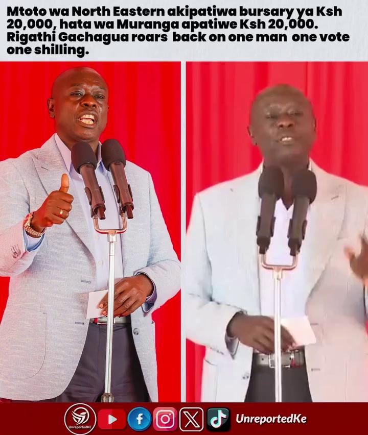 Mtoto wa North Eastern akipatiwa bursary ya Ksh 20,000, hata wa Muranga apatiwe Ksh 20,000. Rigathi Gachagua roars back on one man one vote one shilling.