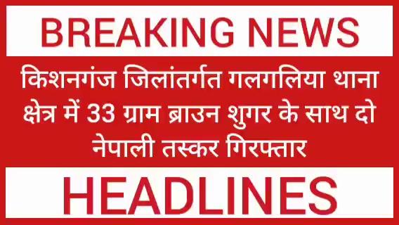 पश्चिम बंगाल (सिलीगुड़ी) से किशनगंज के रास्ते बिहार में शराब की बड़ी खेप लाने की योजना को किशनगंज पुलिस की सक्रियता से किया गया विफल, 572 कार्टून से कुल-5148 लीटर विदेशी शराब बरामद, 01 वाहन को जप्त करते हुए 02 तस्कर को किया गया गिरफ्तार।
Bihar Police किशनगंज जिलांतर्गत गलगलिया थाना क्षेत्र में 33 ग्राम ब्राउन शुगर के साथ दो नेपाली तस्कर गिरफ्तार।
Bihar Police