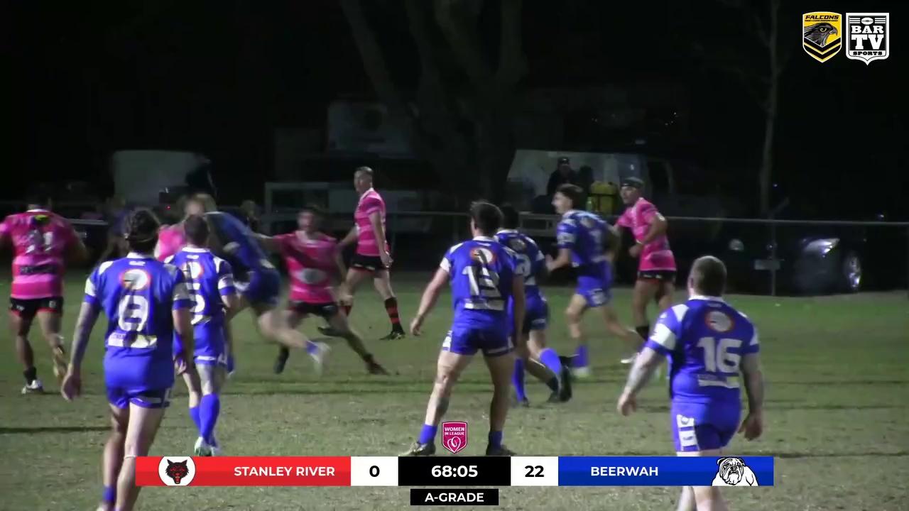 TRY to Beerwah Bulldogs in the 2024 Sunshine Coast Gympie Rugby League A-Grade! They lead Stanley River Wolves 26 - 0 after 68'.