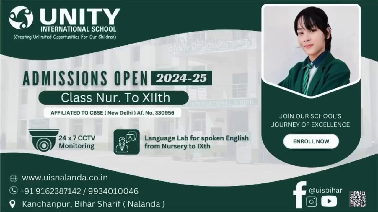 **Welcome to Unity International School, Kanchanpur, Bihar Sharif!**
At Unity International School, we believe in shaping the future, one student at a time!
Our mission is to provide a nurturing environment where every child can explore their potential and excel in both academics and life skills.
**Why Choose Us?**- **Holistic Education**: We focus on the all-round development of students through academics, sports, arts, and value-based learning.- **Modern Infrastructure**: Equipped with state-of-the-art classrooms, labs, and sports facilities to ensure a rich learning experience.- **Experienced Faculty**: Our team of dedicated teachers works tirelessly to provide personalized attention and guidance to every student.- **Inclusive Environment**: We encourage diversity, ensuring that every child feels welcome and inspired to thrive.
**What We Offer**:- **Playgroup to Grade 12**- Smart classes and digital learning- Extracurricular activities: sports, music, arts, and more- Life skills and character-building programsJoin the Unity family and let your child experience education that goes beyond textbooks!
**Location**: Kanchanpur, Bihar Sharif, Nalanda
**Contact Us**: +91 9162387142 | +91 9934010046 **Admissions Open for 2024-25** – Enroll Now!