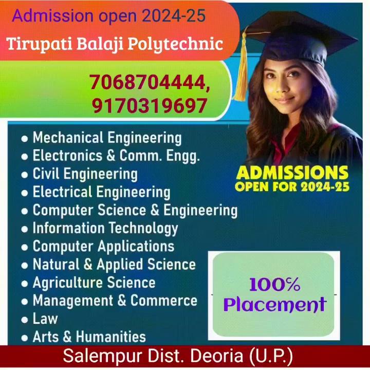 प्रवेश अब 2024-25 बैच के लिए खुले हैं! 7068704444, 9170319697
तिरुपति बालाजी पॉलिटेक्निक संस्थान में कोर्स - पॉलिटेक्निक ( डिप्लोमा इंजीनियरिंग ) बीटेक, एमटेक, सेफ्टी इंजीनियरिंग
ब्रांच - सिविल इंजीनियर, इलेक्ट्रॉनिक इंजीनियरिंग और मैकेनिकल इंजीनियरिंग कंप्यूटर साइंस इलेक्ट्रॉनिक इंजीनियरिंग
बीसीए, एमसीए, एमसीए, बीएससी (एजी) में प्रवेश करें। आज ही नामांकन करें!
तिरूपति बालाजी पॉलिटेक्निक सलेमपुर क्यों?
15+ वर्षों की उच्च शिक्षा उत्कृष्टता के साथ अपना भविष्य उन्नत करें।
फीस सरल किस्तों में जमा करने की सुविधा
100℅ प्रत्येक वर्ष प्लेसमेंट की सुविधा
10,000+ छात्रों के नेटवर्क से जुड़ें |
50+ पाठ्यक्रम और प्लेसमेंट खोजें
अभी उत्कृष्टता की अपनी यात्रा शुरू करें!
वेबसाइट: www.tbiedu.in
कॉल करें: +917068704444,+9170319697
पता : सलेमपुर जिला.देवरिया ( उo प्रo)