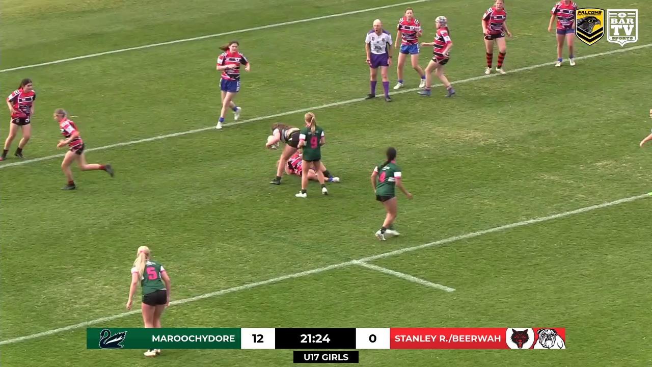 TRY to Maroochydore Swans JRL in the 2024 Sunshine Coast Junior Rugby League U17 Girls! They lead Stanley River/Beerwah JRL 16 - 0 after 22'.
