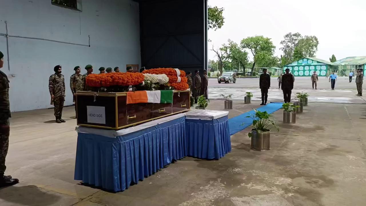 Wreath Laying Ceremony of captain Deepak Singh at an air force station in Jammu on Thursday.Deepak Singh died during gun fight with terrorists at assar area of Doda district.