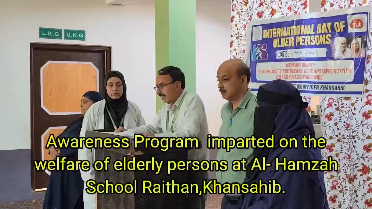 An awareness program centered on the welfare of the elderly was conducted at Al-Hamza School, Raithan, Khansahib, garnering the participation of over 315 students. The attendees were meticulously instructed on the paramount importance of reverence and benevolence toward the elderly, with a profound emphasis on their holistic well-being, both physical and psychosocial. The discourse underscored the moral imperative to not only exhibit deference but also to provide unwavering care and empathetic engagement. Students were imbued with the understanding that fostering a compassionate environment for the elderly is not merely a societal expectation but a fundamental tenet of humane conduct. The necessity of ensuring the elderly's dignified existence through meticulous attention to their health and social integration was portrayed as an indispensable element in cultivating a conscientious and ethically responsible community.