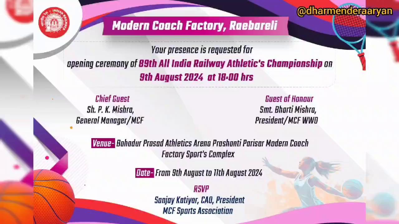 89th All India Railway Athletics Tournament Aug.2024, in Modern Coach Factory, Lalganj , Raebareli - UP
#athletics
#IndianRailways
#RailMinIndia
Ministry of Railways, Government of India