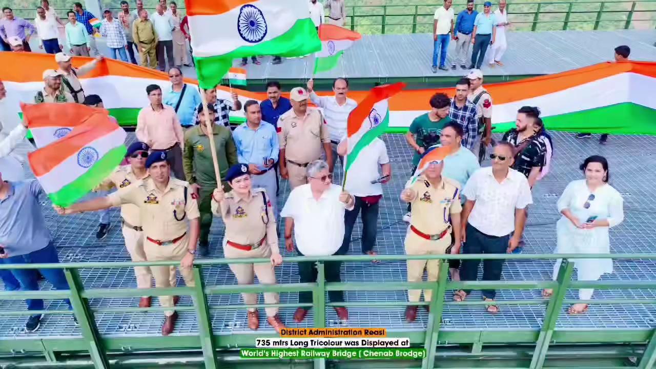 Reasi, (Arnas) Jammu and Kashmir: Tiranga rally was taken out with a 750 m long tricolour, on the World's highest railway bridge on Chenab river ahead of Independence Day.
Ashwini Vaishnaw Dr Jitendra Singh Ravinder Raina
followers topfans