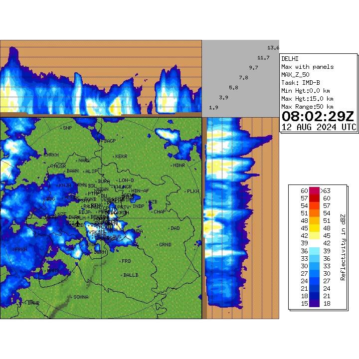 12/08/2024: 18:00 IST; Light to moderate rainfall accompanied with light thunderstorm and lightning is very likely to occur at few places of Delhi ( Vasant Kunj, Hauzkhas, Malviyanagar, Kalkaji, Mahrauli, Tughlakabad, Chhattarpur, IGNOU, Ayanagar, Deramandi), NCR ( Greater Noida, Gurugram, Faridabad, Manesar, Ballabhgarh) Sohana, Palwal (Haryana) Deoband, Nazibabad, Muzaffarnagar, Bijnaur, Sikandrabad, Bulandshahar, Jahangirabad, Anupshahar, Shikarpur, Khurja, Pahasu, Debai, Narora, Sikandra Rao, Jalesar (U.P.) . Light to moderate rainfall is very likely to occur at isolated places of Delhi ( Vasant Vihar, R K Puram, Defence Colony, Lajpat Nagar), Yamunanagar, Rewari, Bawal, Nuh, Aurangabad, Hodal (Haryana) Saharanpur, Shamli, Gabhana, Sahaswan, Jattari, Atrauli, Badayun, Khair, Aligarh, Kasganj, Nandgaon, Barsana, Etah (U.P.) Bhiwari, Nagar, Deeg (Rajasthan) . Light rainfall/drizzle is very likely to occur at NCR ( Noida) Rajaund, Panipat, Farukhnagar, Narnaul (Haryana) Kandhla, Chandpur, Baraut, Gulaoti, Siyana, Iglas, Ganjdundwara, Raya, Hathras, Mathura, Sadabad, Tundla, Agra, Firozabad, Shikohabad (U.P.) Tizara, Kotputli, Bharatpur (Rajasthan) during next 2 hours. Ministry of Earth Sciences Government of IndiaNational Disaster Management Authority, IndiaAll India Radio NewsDDNewsLive