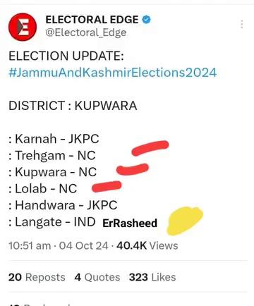 ELECTORAL EDGE
#ExitPoll2024
ELECTION UPDATE: #JammuAndKashmirElections2024
DISTRICT
KUPWARA
Langate ##ExitPoll2024
#ErRasheed
#viralvediofbreels2024
J&K National Conference