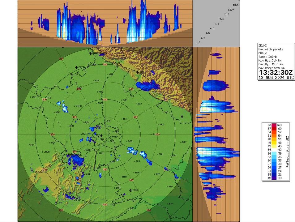 13/08/2024: 21:10 IST; Light rainfall/drizzle is very likely to occur at Hissar, Narnaul (Haryana) Khurja, Pahasu (U.P.) Alwar, Viratnagar (Rajasthan) during next 2 hours.