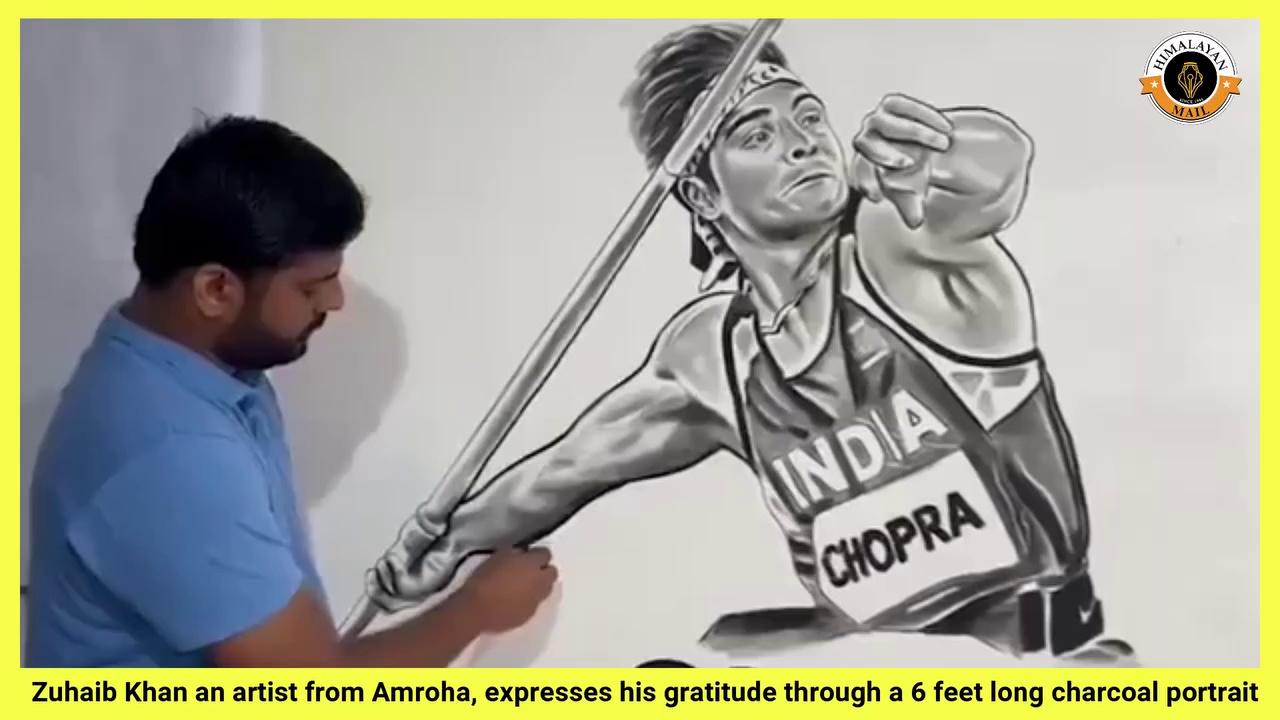 An artist from Amroha, Zuhaib Khan has expressed his gratitude towards the Indian contingent at #ParisOlympics2024 by making a 6 feet long portrait of Neeraj Chopra Manu Bhaker and Vinesh Phogat विनेश फोगाट - पीला तग़मा टोक्यो 2020 with charcoal, who brought glory to #india in the