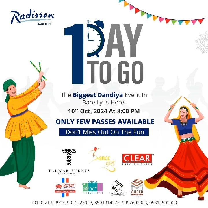 Just 1 Day to Go! 🎉 The biggest Dandiya event in Bareilly is here! 

Don’t miss out on the fun—only a few passes left! Grab yours now! 🕺💃

8591314373, 9997692323, 9321723923, 8591314375
📍 - Plot No 772, Central Pilibhit Road, Mundia Ahmed Nagar, Near Bareilly Airport