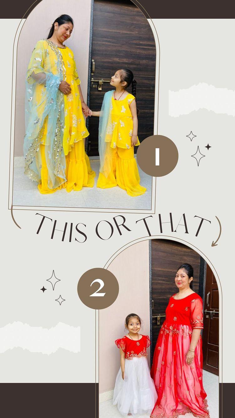 Throwback to when I customized these dreamy dresses for a beautiful mother-daughter duo! 💛✨ The yellow georgette sharara is perfect for a Haldi function, while the red-and-white ensemble is an all-time classic! Seeing them dance and glow in these outfits was pure magic
Fairytale vibes, anyone? Should I post more of my customized designs from the past? Let me know if you want to see more from my collection!”💕

Client- rakshajain753