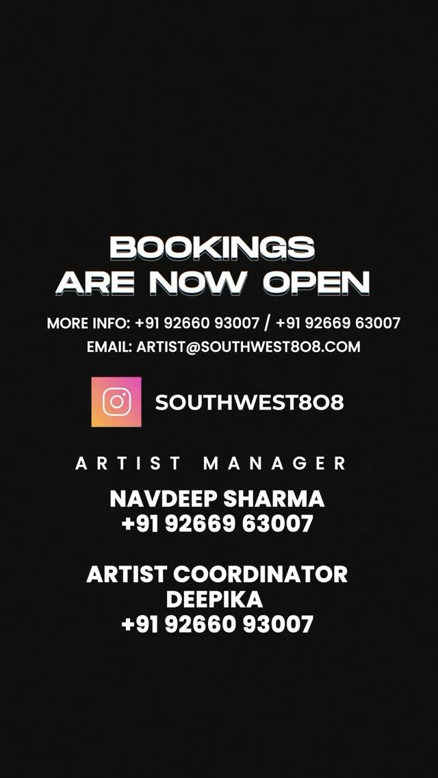 What’s up, what’s up? 

SOUTH WEST 8O8 artists are ready to rock your city this New Year! 🎶 

Book the Underrated finest talent from 
South West 8O8 to make your party unforgettable
Bookings are now open
contact us for details

Artist Manager 
Navdeep Sharma
+91 92669 63007

Artist Coordinator
Deepika 
+91 92660 93007