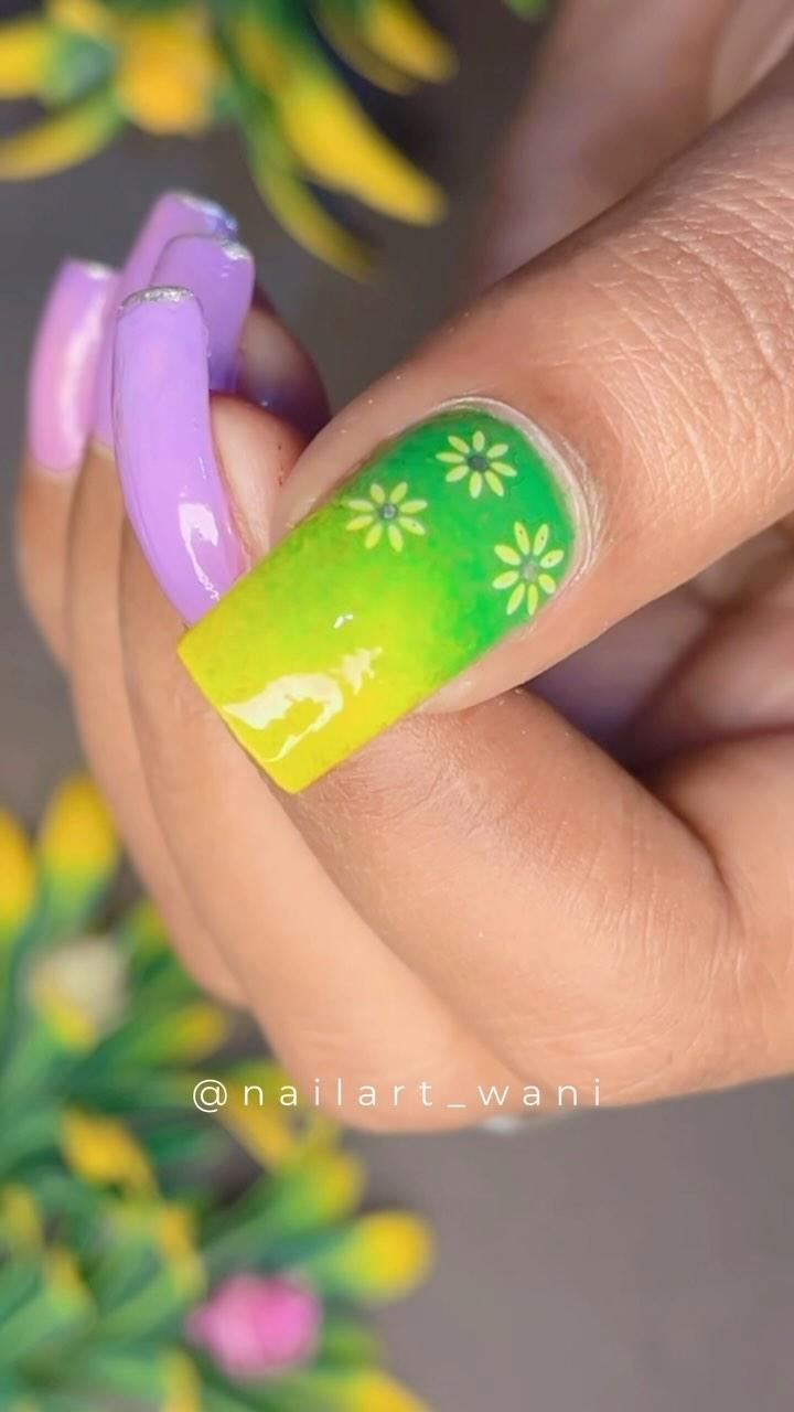 Beautiful flower art with yellow & parrot green nail colour ||