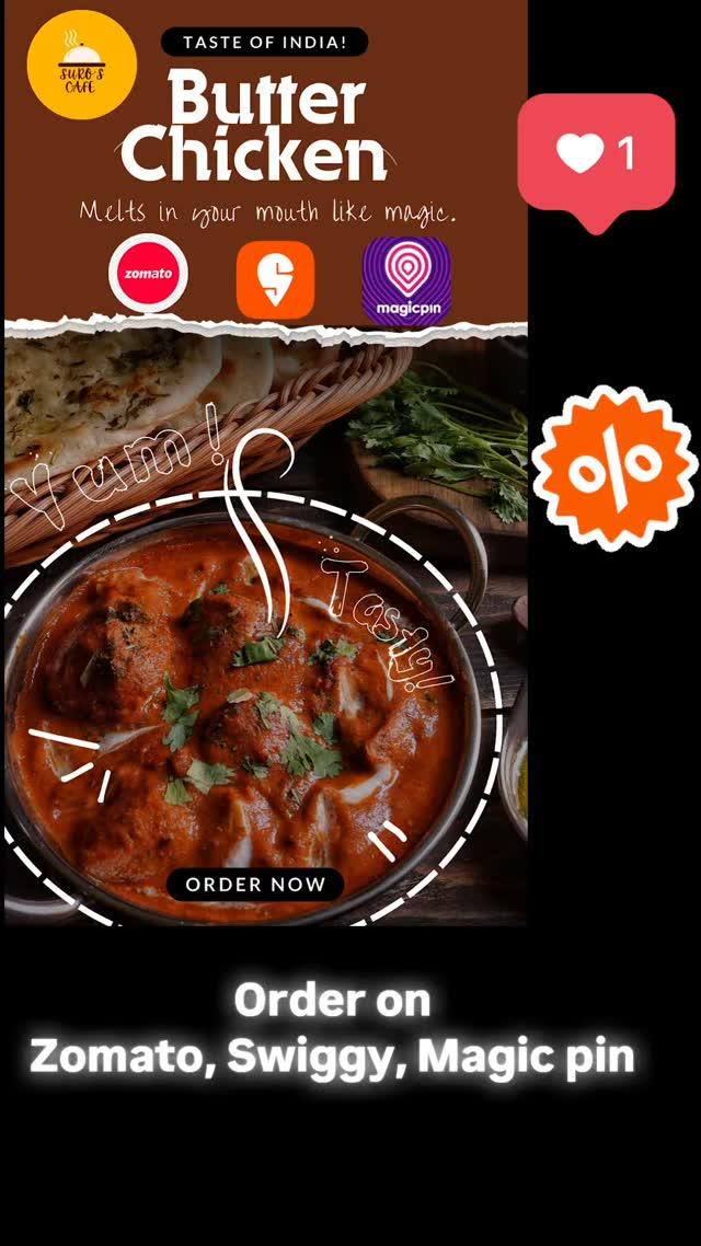 Dive into the rich and creamy goodness of our signature butter chicken - made with pure love , just for you # Avail amazing discounts and offers on Swiggy Zomato & Magicpin # enjoy your favourite delicacy at our cafe
mention in bio