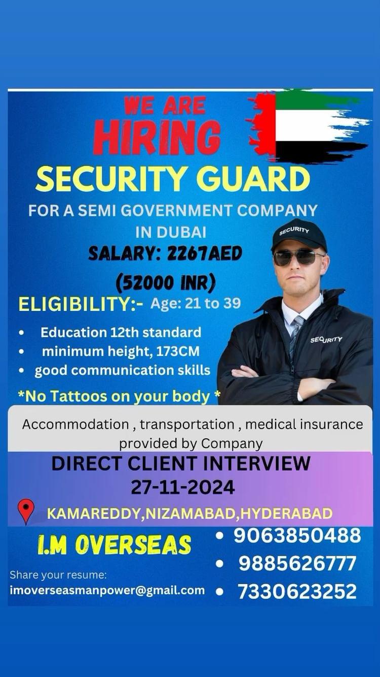 “Join Our Team!
We’re hiring Security Guards for UAE 🇦🇪 
Interview on 27th Nov 2024
Bring your passport, UAE