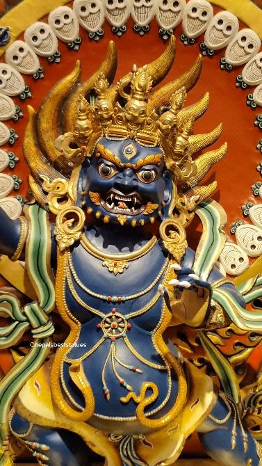 Bodhisattva Vajrapāṇi/Chana Dorje
Vajrapani or Chana Dorje is the protector and guide of the Buddha, one of the eight great Bodhisattva and lords of the three families
He represents the power of the Buddhas and is usually depicted as blue in color and holding a vajra
Vajrapani is indeed a Bodhisattva who embodies all the Buddhas' infinite enlightened power
In recognition of Vajrapani's powerful abilities, Shakyamuni Buddha entrusted him with the protection of the tantras, those powerful Vajrayana teaching capable of guiding qualified disciples to full enlightenment in one short lifetime
As protector of these precious and esoteric tantric teachings, Vajrapani is sometimes referred to with the title "Lord of the Secret"
Vajrapani is the Tantric aspect of the enlightened mind, which transforms the energy of hate into active wisdom and magical perfection
A Bodhisattva-aspect which symbolizes the indestructible vajra-body of a Buddha
Chana Dorje was a major secret meditation deity of e.g
Lama Yeshe, Geshe Rabten and Gangchen Tulku
Vajrapani is extensively represented in Buddhist iconography as one of the three protective deities surrounding the Buddha
Each of them symbolizes one of the Buddha's virtues: Manjusri (the manifestation of all the Buddhas' wisdom), Avalokitesvara (the manifestation of all the Buddhas' compassion) and Vajrapani (the manifestation of all the Buddhas' power as well as the power of all 5 Tathagathas)
Vajrapani uses powerful means to protect and promote Buddha's teaching
On one famous occasion, Shakyamuni Buddha was seated at the Vulture's Peak near Rajagriha, the site where He delivered the Perfection of Wisdom Sutra
At that time, Buddha's jealous cousin Devadatta rolled a large boulder down the hill in an attempt to assassinate Him
Just as the huge rock was about to crush Buddha, Vajrapani used his immense power to split it into two so that pieces of the boulder fell harmlessly to either side