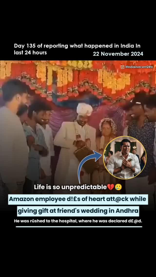 A wedding in Andhra Pradesh's Kurnool district turned trag!c when Vamsi, an Amazon employee from Bengaluru, di£d of a heart attack on stage while presenting a gift
A video shows him c0llapsing as the groom opened the gift
Despite being rushed to Dhone City Government Hospital, doctors declared him ded
Vamsi had traveled to Penumuda village to attend his friend's wedding
What's happening in India? Stay informed with indiainrecent24hr 
We bring you the latest news and trending videos from the last 24 hours
Follow us now!