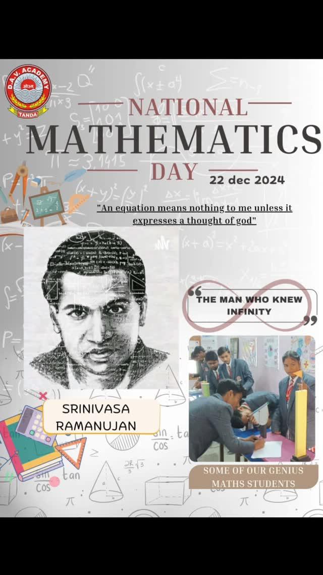 "Celebrating the genius of mathematics on National Mathematics Day! Let's honor the legacy of Srinivasa Ramanujan and inspire young minds to explore the beauty of numbers and patterns