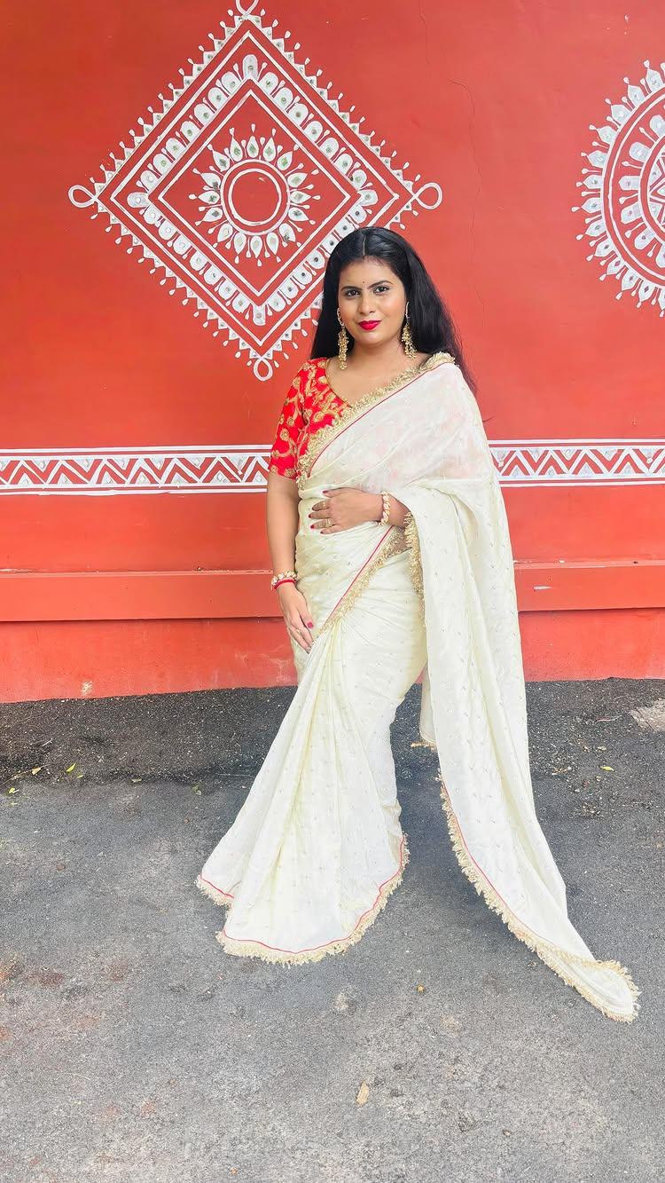 “Turning my bridal blouse into a style statement with this stunning Cosmo Silk Pure Shimmer Saree! ✨ The lightweight fabric and elegant lace detailing add a magical charm to the look
Reuse, revamp, and shine! 💖 Want a custom designer saree like this? Let me help you create your fairytale ensemble!

Shot by rishu_kothari