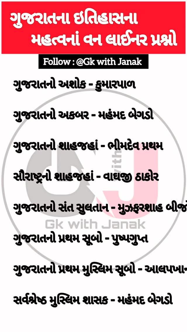 ગુજરાતના ઇતિહાસના મહત્વના વનલાઈનર પ્રશ્નો