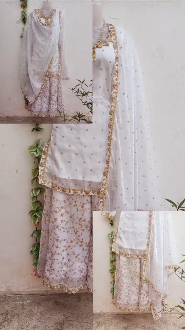 Happy customer 😍 swipe ➡️ Designed and stitched this gorgeous sharara set for our lovely client
Classic beige embroidered full Flaired sharara with short kurti
Round neckline and 3-4th sleeves detailed with zari lace on hems
Styled with matching Dupatta
This suit set is looking so stunning and classy
Dm us to get more info
Customization available! 
💬 DM us for orders and inquiries