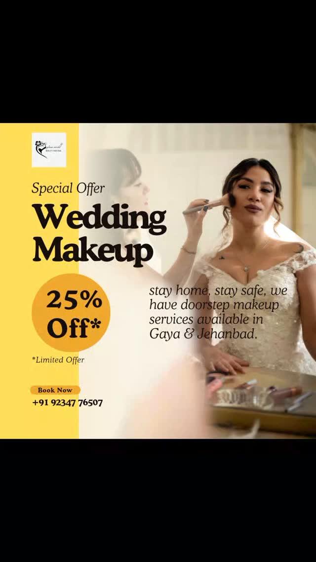 🎁 25% OFF | wedding season offer 🎊💅👰 if you want look to eye 👁️ catching face , make your wedding with us , and turn your face flawless skin!

🎯 Benifit we provide!
🤝 Doorstep makeup
🎁 25% OFF on each makeup services 
💯 We use brand products to turn your face
Our services 
Offered in Jehanbad & gaya!

📅 Booking open at call +91 92347 76507
🌎 Visit us : www.glamworld.site
📍 Vishnu Dawar Rd, Magadh Colony , gaya