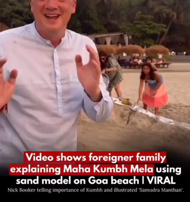 A video has surfaced wherein British historian
Nick Booker can be seen explaining Maha Kumbh Mela using a sand model which he created on a beach in Goa
In the video, Nick explained the importance of Maha Kumbh and illustrated ‘Samudra Manthan’
He then went on to depict the meeting of the Ganga and Yamuna rivers, forming the sacred ‘Sangam’