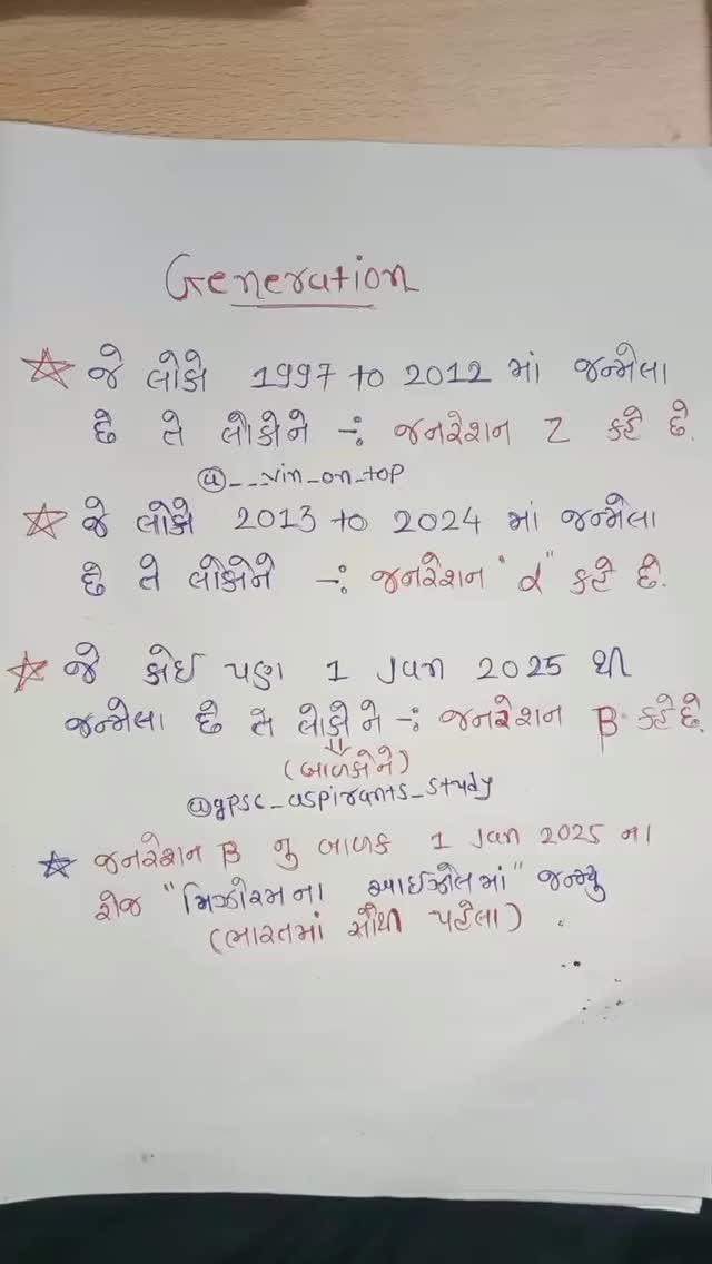 Generation ની માહિતી!

yuvrajsinhjadeja
yuvrajsinhjadeja #gujrat #gujrati #gandhinagar #police2024#gujarapolice#policefestival #psi2024#police#gujaratpolice #psi #gujaratpolicebharti #constableexam #khakhilover #gujaratpolicebharti 

instagram
gpscgujarati 

My team:-
ank_gk_study 
gk_2024gpsc3 

આવી જ update માટે Follow: gpsc_aspirants_study ને અનુસરો
Follow કરો (નોલેજ વધારવા માટે)

• Like કરો (Post સારી લાગે તો)

• Comment કરો (ઈચ્છા હોય તો)

• Share કરો (તમારા મિત્રોને)

✓ Tag કરો (જે લોકોને આવી પોસ્ટ વાંચવી ગમતી હોય તેને)