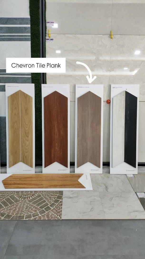 Chevron Tile Planks:

If you are bored of regular square & rectangular tiles, we have a beautiful alternative for you
This is Chevron shaped tile planks
Size- 36"x6"
Material- ceramic 
Thickness - 9 mm
1 box- 8pc
Area- 11.62 sqft
Grout- 2 mm

Many designs available on order at Abhay General Agencies Showroom
Do visit & follow us for more such content
Cheers!