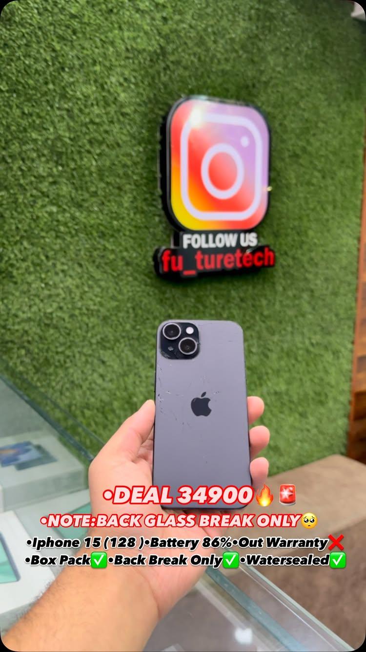 •DEAL 34900🔥🚨
•Iphone 15 (128 )•Battery 86%•Out Warranty❌
•Box Pack✅•Back Glass Break Only✅•Watersealed✅

📍Sanatnagar Chowkh Near Jk Bank📍
💳Credit Card Emi available 💳
<For booking related queries>
📞9541414003📞 

•We deal in Used/sealed Phones !! •Exchange offer also available !!

fu_turetech ,fu_turetech_